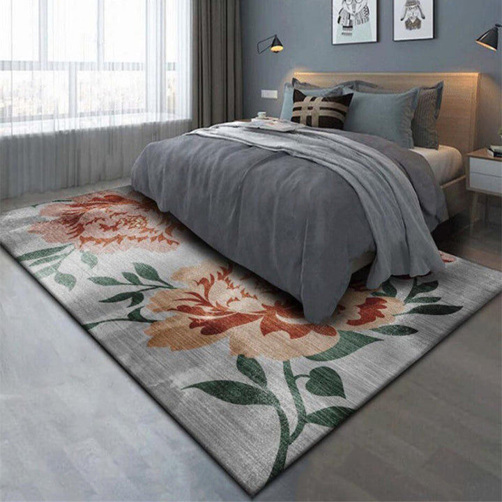 Lisslune | Gray and Red Eastern Carpet Polyester Flower and Leaf Pattern Carpet Washable Non-Slip Rug for Bedroom