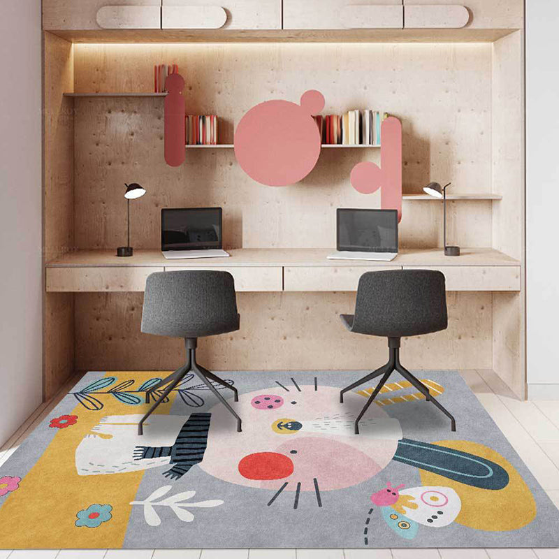 Lisslune | Casual Kids Rug in Gray Animal Rabbit Floral Leaf Pattern Rug Polyester Pet-Friendly Washable Rug for Children's Room