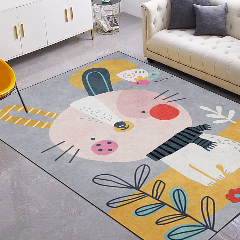 Lisslune | Casual Kids Rug in Gray Animal Rabbit Floral Leaf Pattern Rug Polyester Pet-Friendly Washable Rug for Children's Room