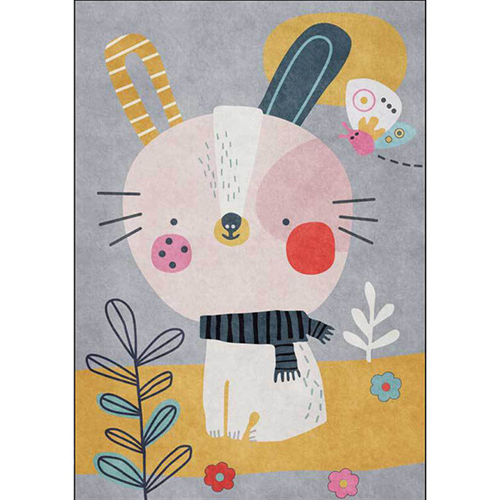 Lisslune | Casual Kids Rug in Gray Animal Rabbit Floral Leaf Pattern Rug Polyester Pet-Friendly Washable Rug for Children's Room