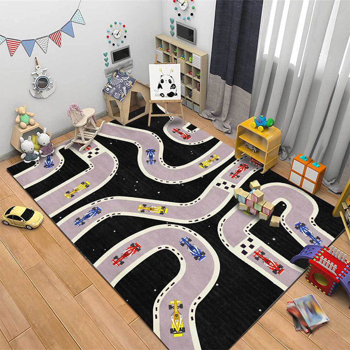 Lisslune | Kids Bedroom Rug in Black Cars & Roads Print Rug Polyester Non-Slip Back Washable Rug