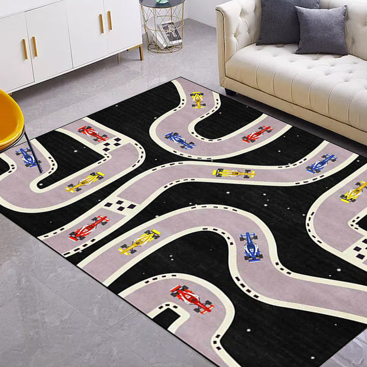 Lisslune | Kids Bedroom Rug in Black Cars & Roads Print Rug Polyester Non-Slip Back Washable Rug