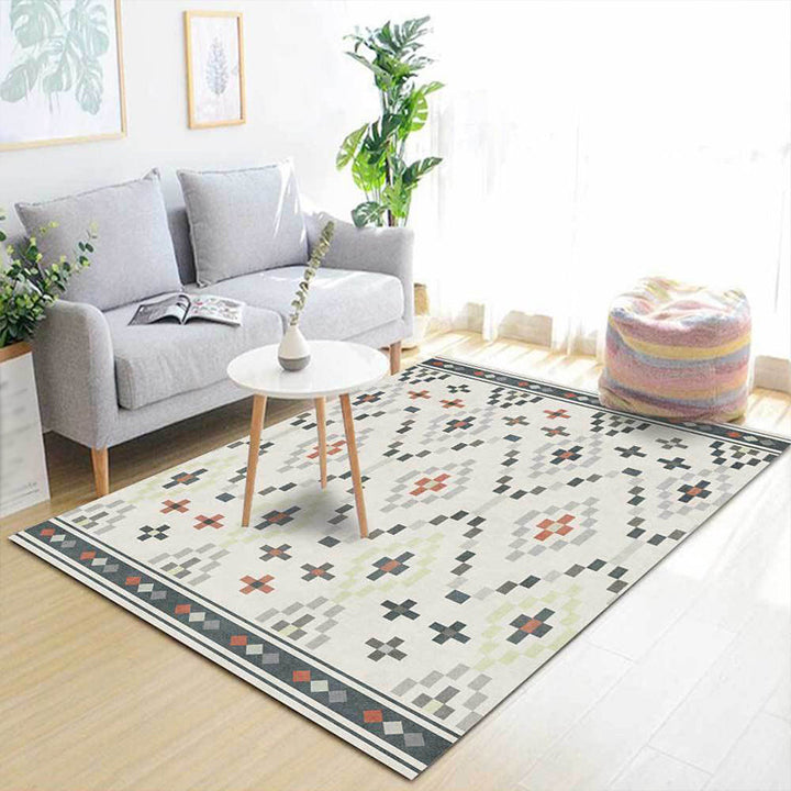 Lisslune | White Tribal Carpet Polyester Geometric Pattern Carpet Washable Non-Slip Back Carpet for Living Room