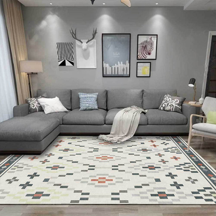 Lisslune | White Tribal Carpet Polyester Geometric Pattern Carpet Washable Non-Slip Back Carpet for Living Room