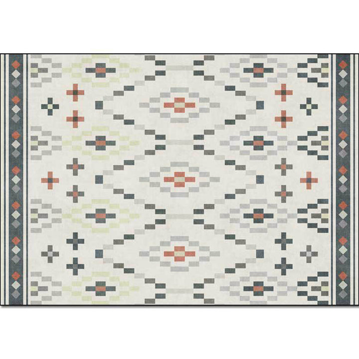 Lisslune | White Tribal Carpet Polyester Geometric Pattern Carpet Washable Non-Slip Back Carpet for Living Room
