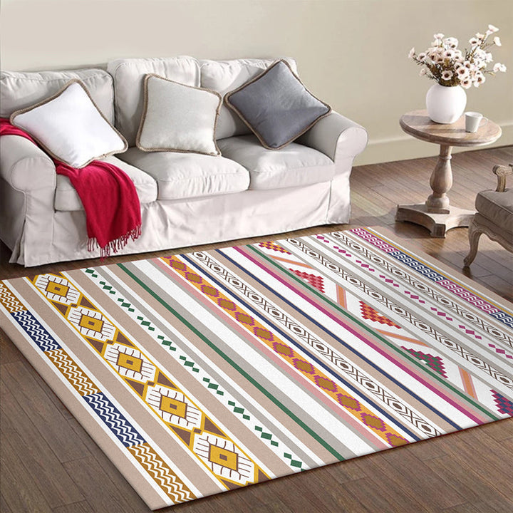 Lisslune | White Multicolor Tribal Carpet Polyester Striped Pattern Carpet Washable Non-Slip Back Carpet for Living Room