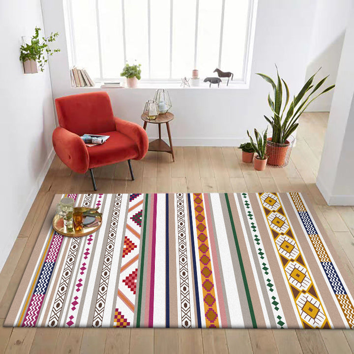Lisslune | White Multicolor Tribal Carpet Polyester Striped Pattern Carpet Washable Non-Slip Back Carpet for Living Room