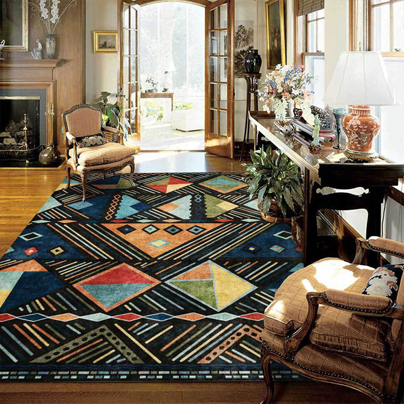 Lisslune | Blue multicolored tribal rug polyester geometric and striped pattern rug washable non-slip backing rug for living room