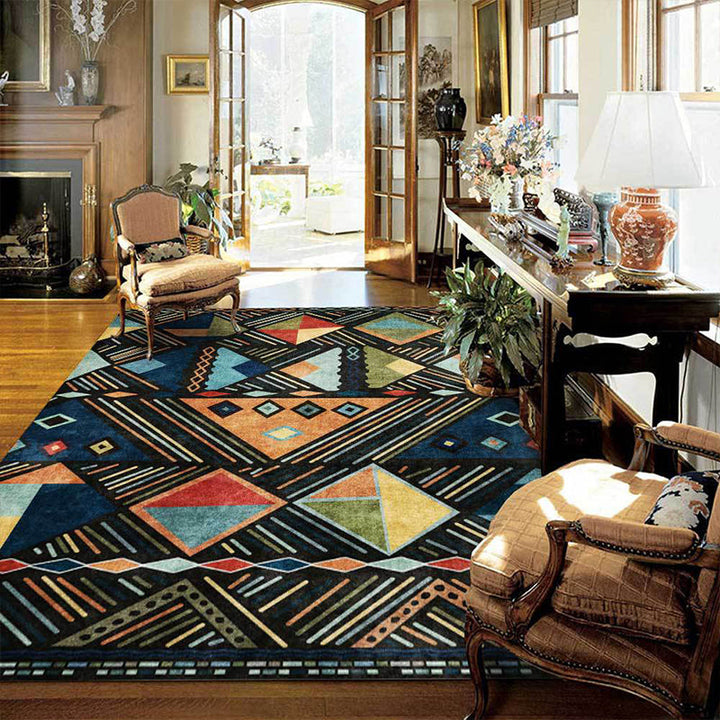 Lisslune | Blue multicolored tribal rug polyester geometric and striped pattern rug washable non-slip backing rug for living room