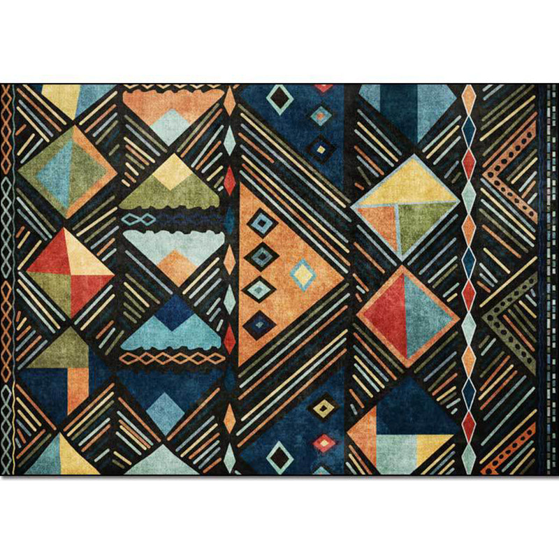 Lisslune | Blue multicolored tribal rug polyester geometric and striped pattern rug washable non-slip backing rug for living room