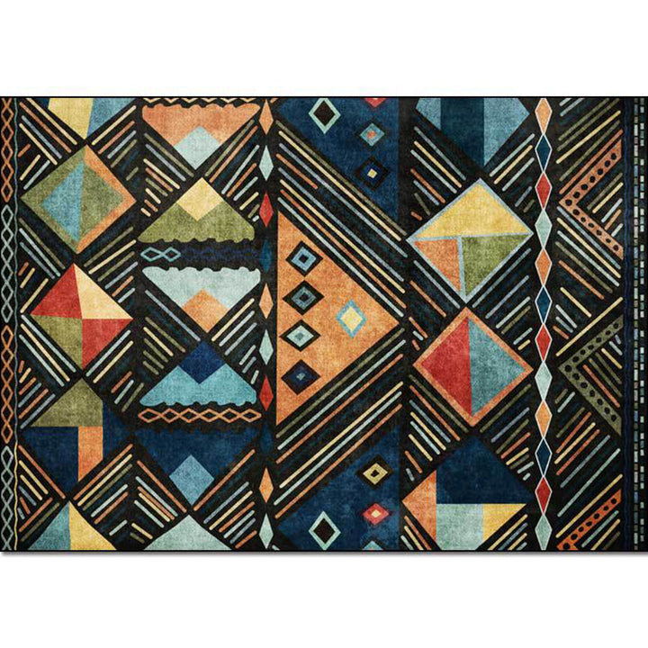 Lisslune | Blue multicolored tribal rug polyester geometric and striped pattern rug washable non-slip backing rug for living room