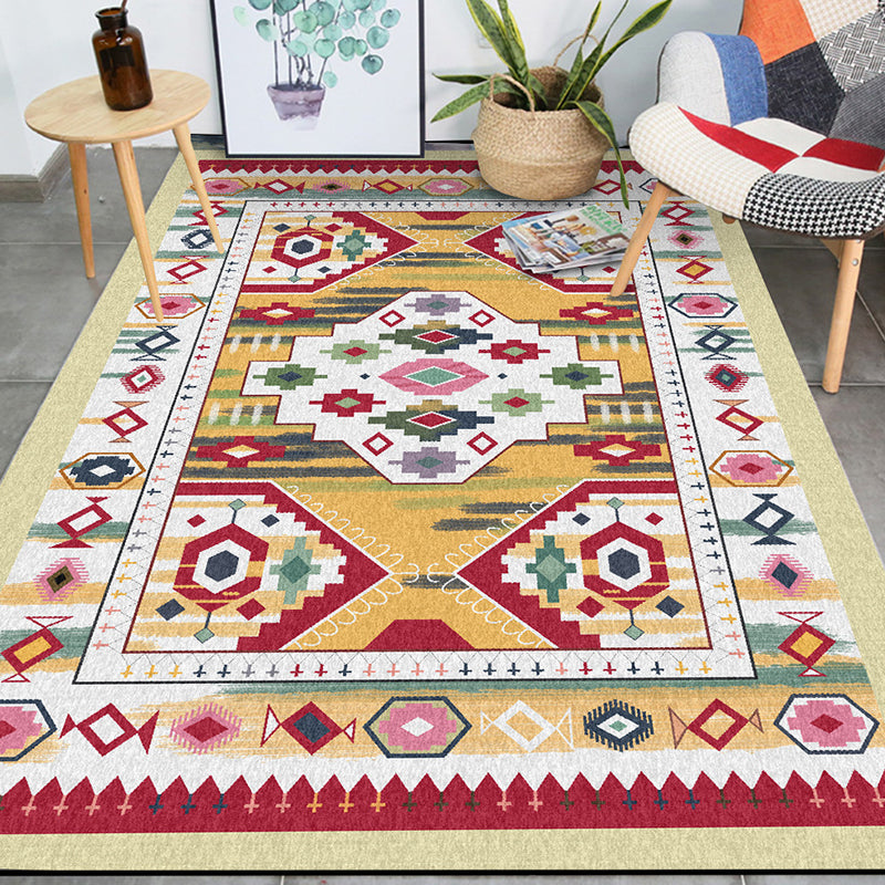 Lisslune | Yellow Tribal Carpet Polyester Medallion Pattern Carpet Washable Non-slip Back Carpet for Living Room