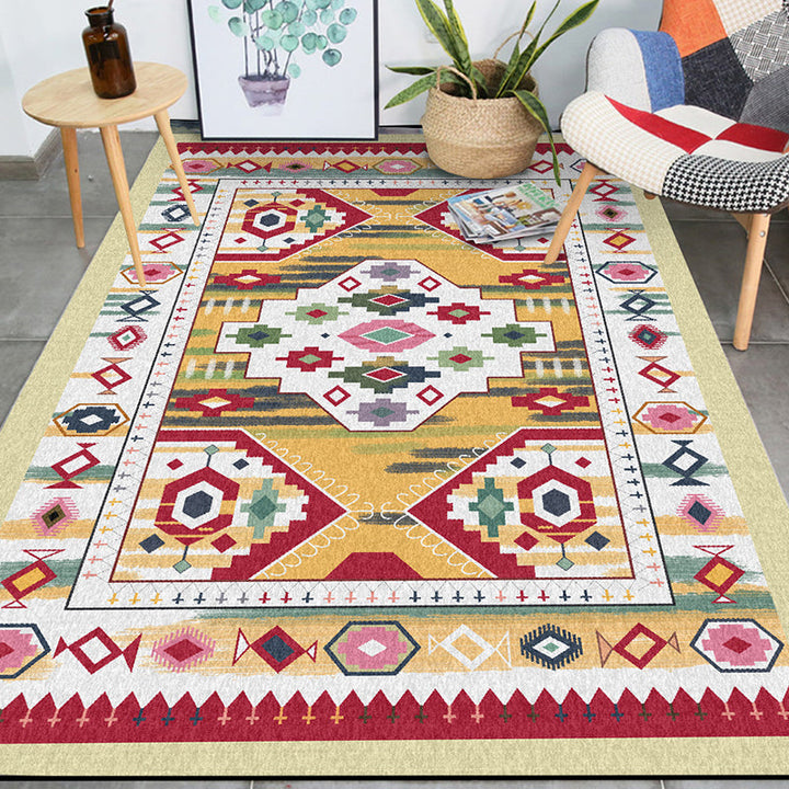 Lisslune | Yellow Tribal Carpet Polyester Medallion Pattern Carpet Washable Non-slip Back Carpet for Living Room