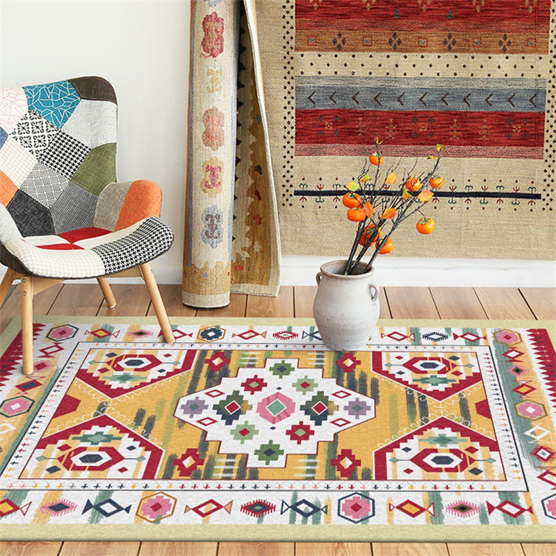 Lisslune | Yellow Tribal Carpet Polyester Medallion Pattern Carpet Washable Non-slip Back Carpet for Living Room