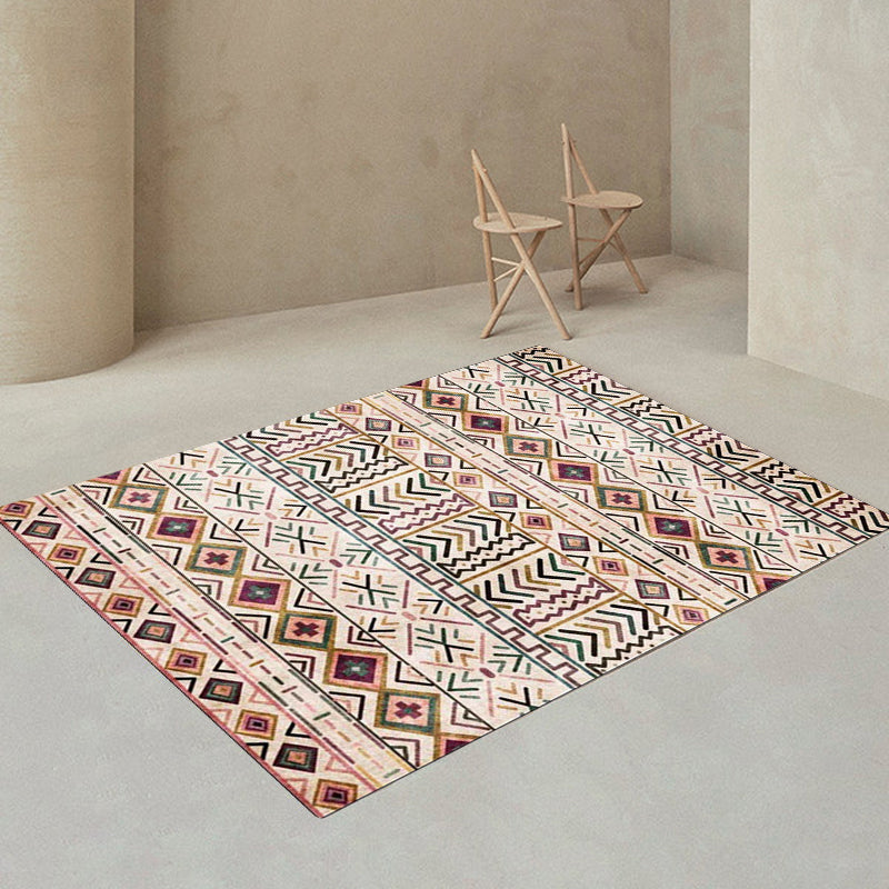 Lisslune | Beige Tribal Rug Polyester Geometric and Striped Pattern Rug Washable Non-Slip Back Rug for Living Room