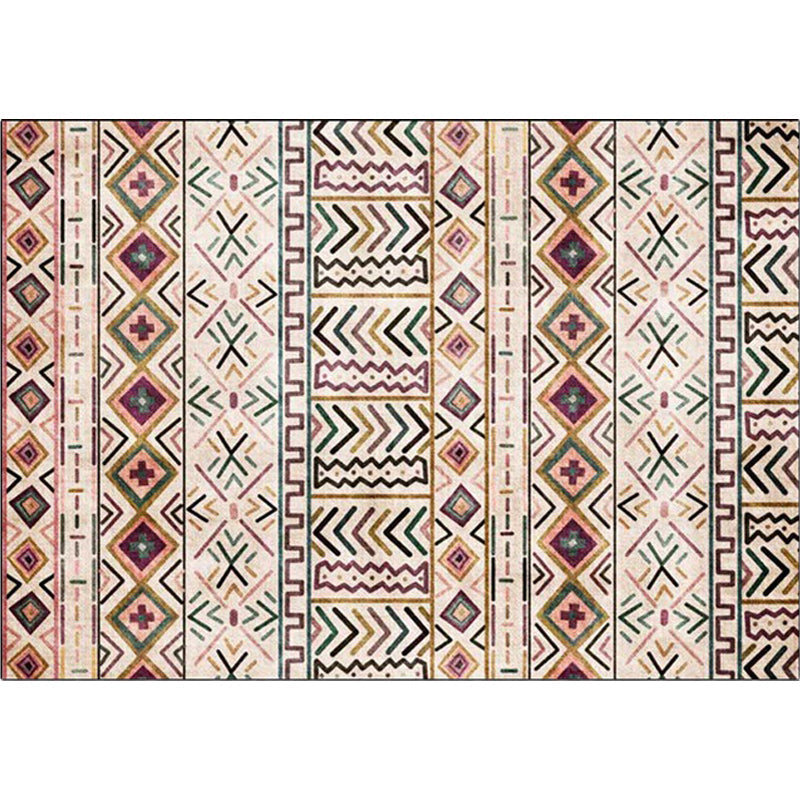Lisslune | Beige Tribal Rug Polyester Geometric and Striped Pattern Rug Washable Non-Slip Back Rug for Living Room