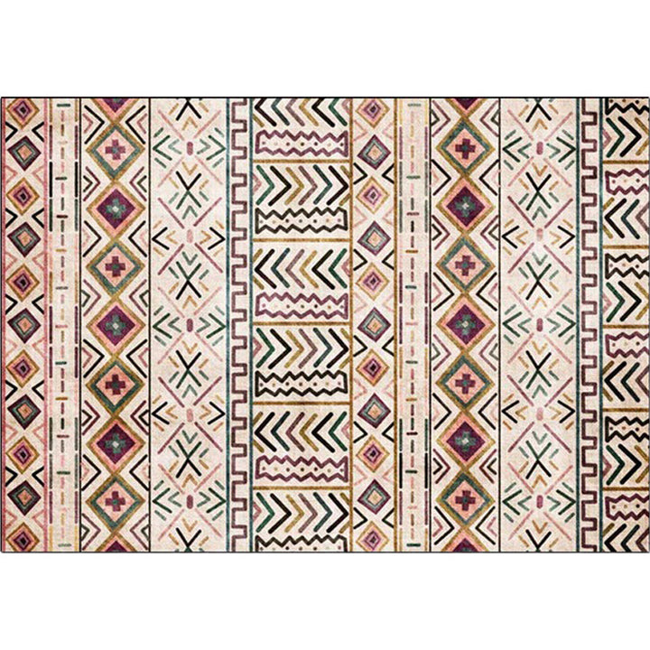 Lisslune | Beige Tribal Rug Polyester Geometric and Striped Pattern Rug Washable Non-Slip Back Rug for Living Room