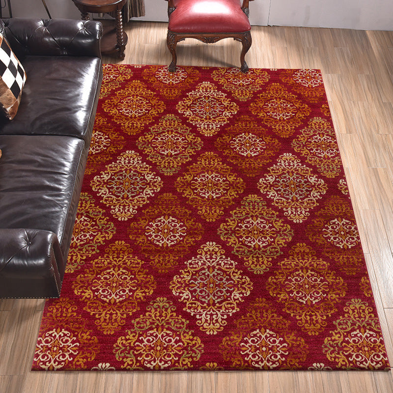Lisslune | Persian checkered printed carpet with floral red polyester machine washable non-slip carpet for living room
