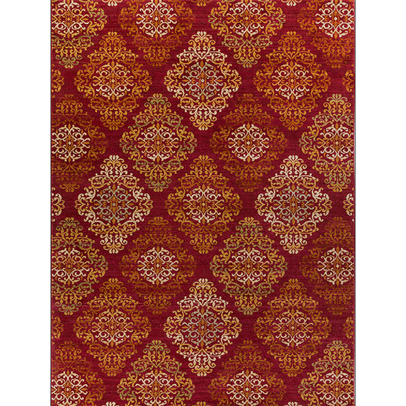 Lisslune | Persian checkered printed carpet with floral red polyester machine washable non-slip carpet for living room