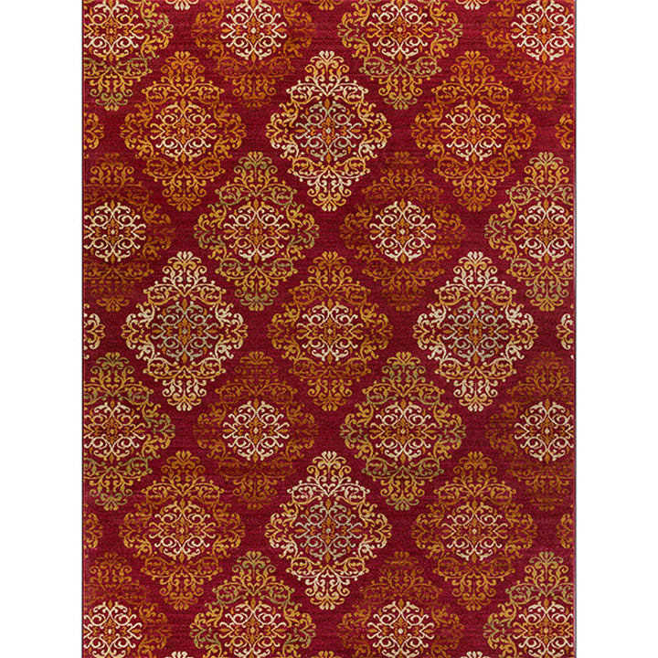 Lisslune | Persian checkered printed carpet with floral red polyester machine washable non-slip carpet for living room