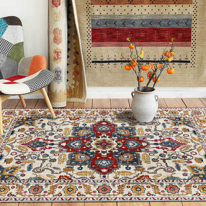 Lisslune | unique medallion pattern rug with floral blue and red Persian rug polyester machine washable non-slip rug for the bedroom