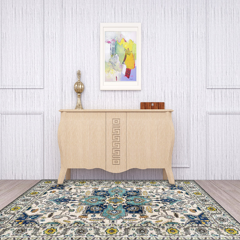 Lisslune | unique medallion pattern rug with floral blue and red Persian rug polyester machine washable non-slip rug for the bedroom