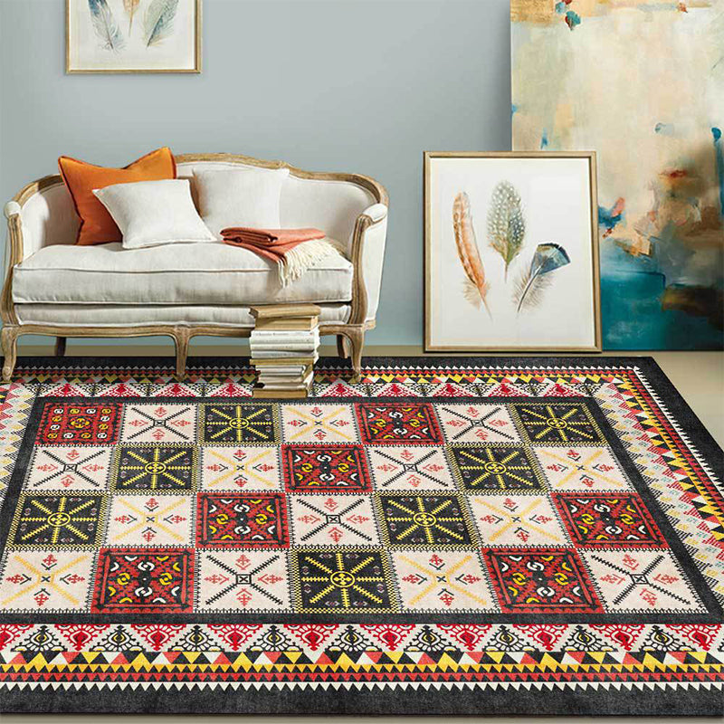Lisslune | Tribal Azulejos Pattern Rug Red and Green Mediterranean Rug Polyester Machine Washable Non-Slip Living Room Rug for Bedroom