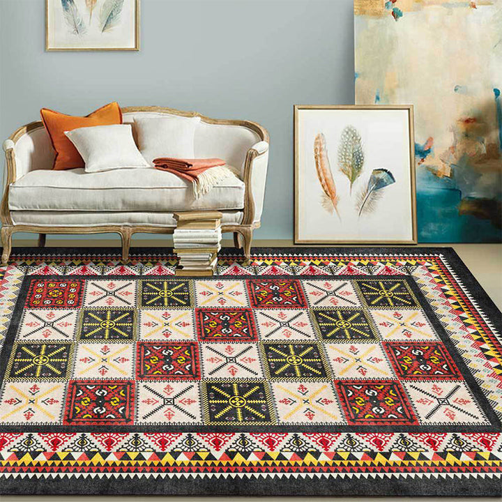 Lisslune | Tribal Azulejos Pattern Rug Red and Green Mediterranean Rug Polyester Machine Washable Non-Slip Living Room Rug for Bedroom