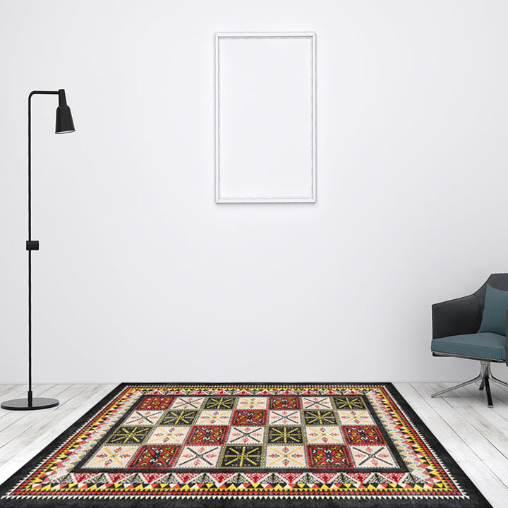 Lisslune | Tribal Azulejos Pattern Rug Red and Green Mediterranean Rug Polyester Machine Washable Non-Slip Living Room Rug for Bedroom