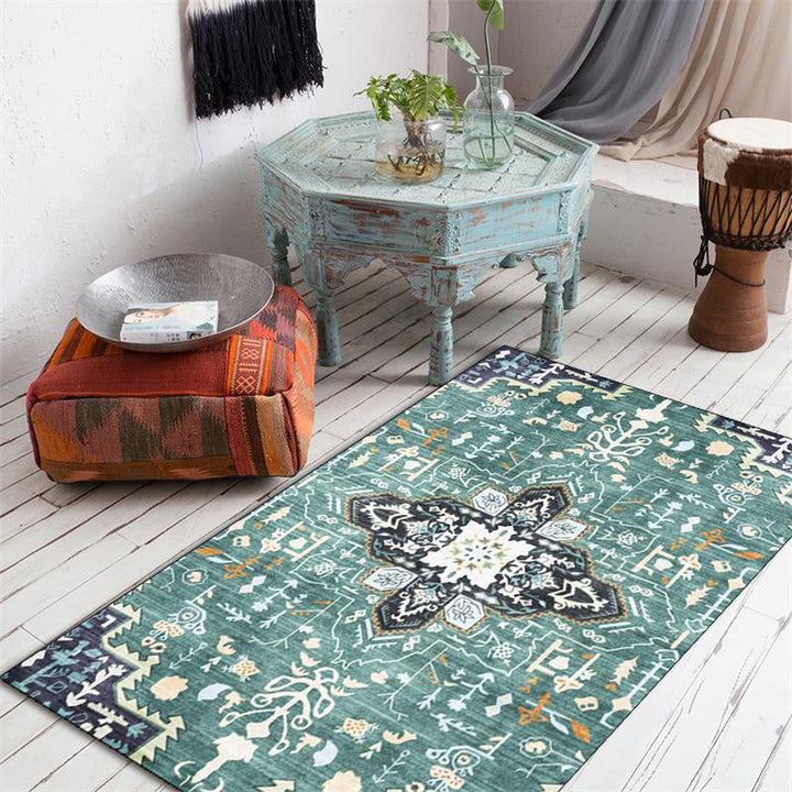 Lisslune | Green Persian Carpet Polyester Medallion Print Carpet Washable Non-Slip Underlay Carpet for Living Room