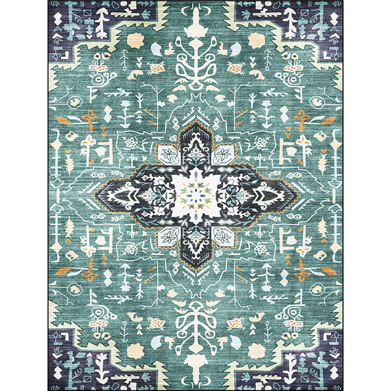 Lisslune | Green Persian Carpet Polyester Medallion Print Carpet Washable Non-Slip Underlay Carpet for Living Room