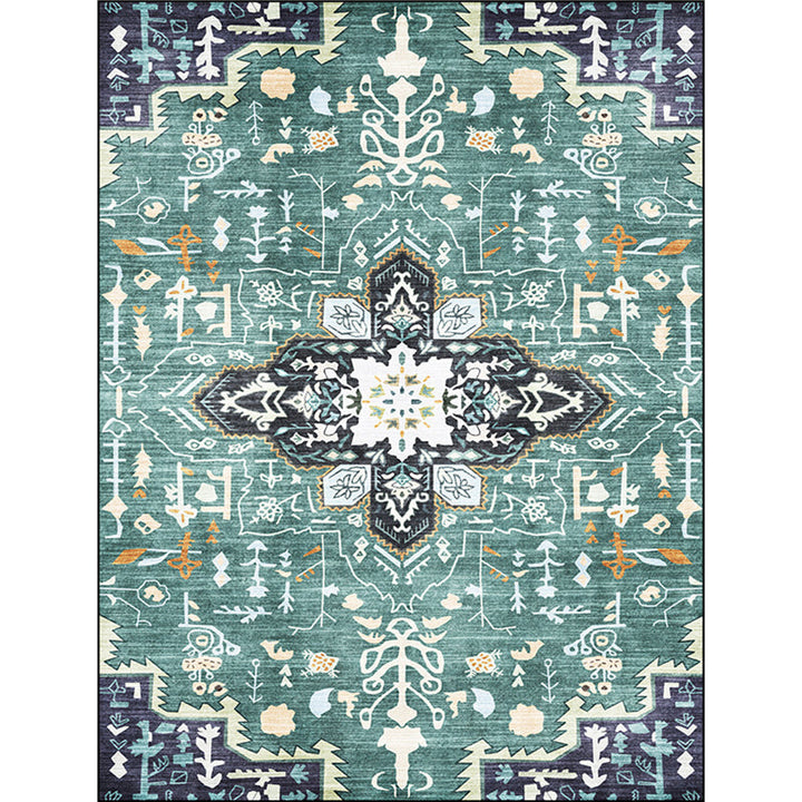 Lisslune | Green Persian Carpet Polyester Medallion Print Carpet Washable Non-Slip Underlay Carpet for Living Room