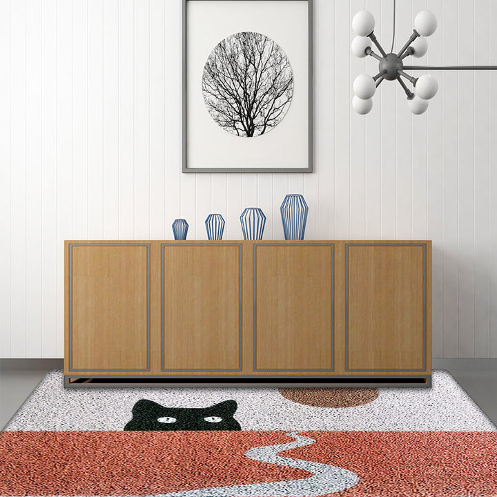 Lisslune | Red Children's Carpet Vinyl Cat Print Carpet Washable Non-Slip Back Carpet for the Children's Room