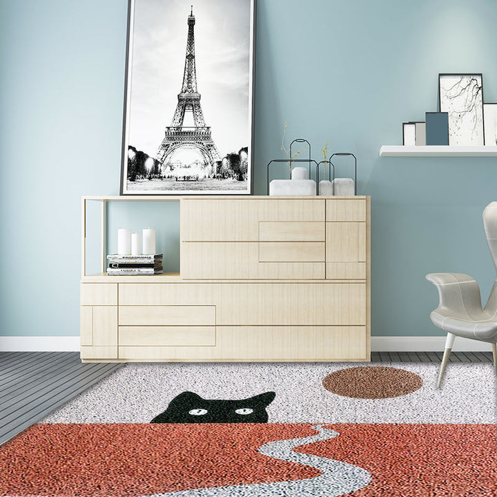 Lisslune | Red Children's Carpet Vinyl Cat Print Carpet Washable Non-Slip Back Carpet for the Children's Room