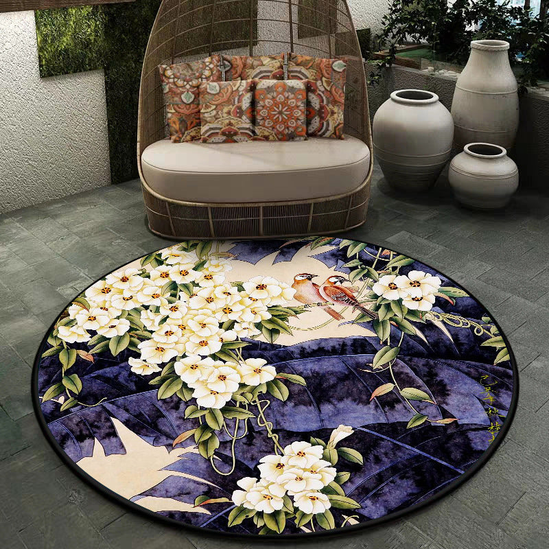 Lisslune | Traditional floral pattern carpet with bird and leaf purple and white polyester carpet machine washable non-slip carpet for living room