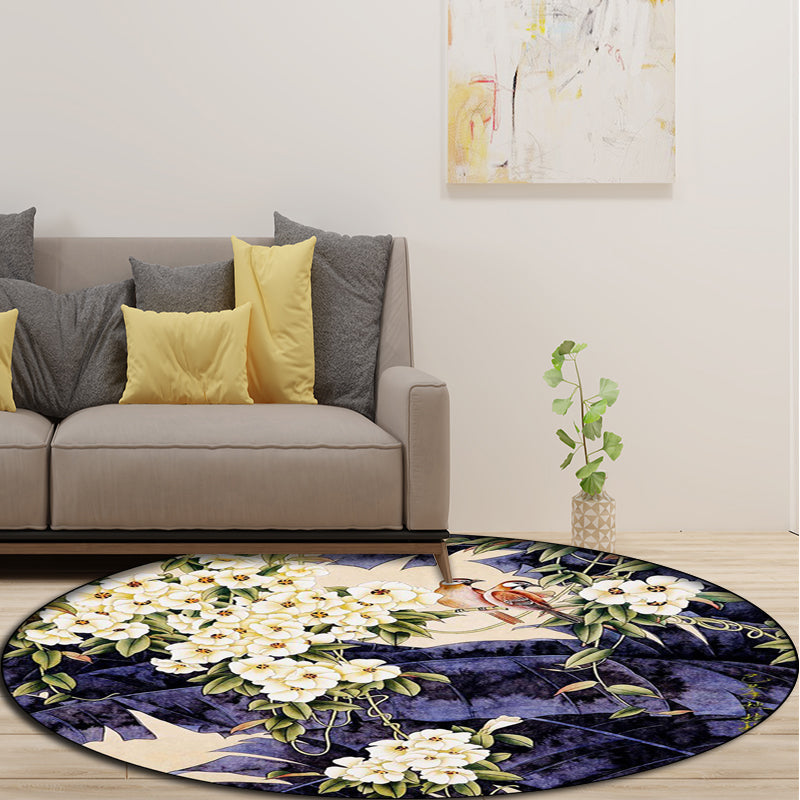Lisslune | Traditional floral pattern carpet with bird and leaf purple and white polyester carpet machine washable non-slip carpet for living room