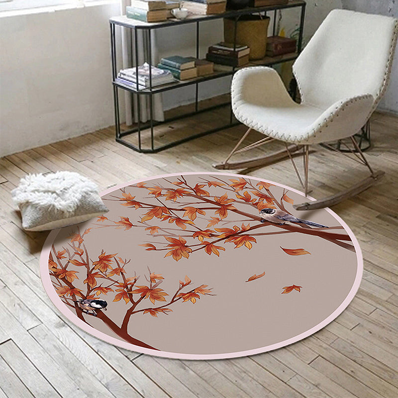 Lisslune | Red Oriental Carpet Polyester Leaf and Bird Pattern Carpet Washable Non-Slip Back Carpet for the Living Room