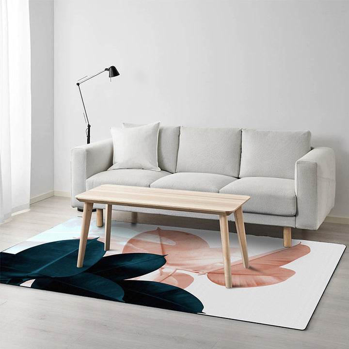 Lisslune | Simple Leaf Pattern Carpet Dark Blue Oriental Carpet Polyester Washable Non-Slip Backing Carpet for the Living Room