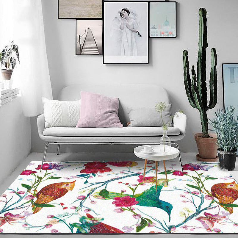 Lisslune | Retro Bird Pattern Carpet with Flower and Leaf White Oriental Carpet Polyester Washable Non-Slip Back Floor Rug for Bedroom
