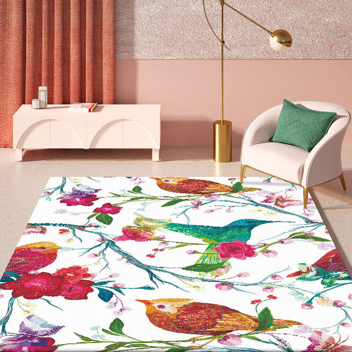 Lisslune | Retro Bird Pattern Carpet with Flower and Leaf White Oriental Carpet Polyester Washable Non-Slip Back Floor Rug for Bedroom