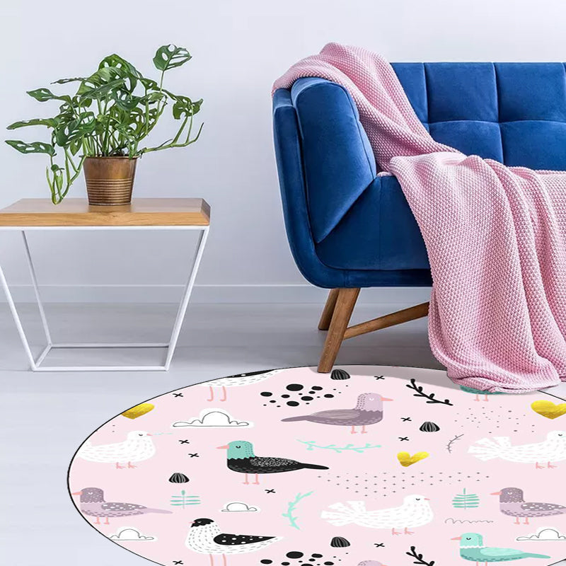 Lisslune | Kids Bedroom Rug in Pink Animal Bird Leaf Pattern Rug Polyester Washable Non-Slip Rug