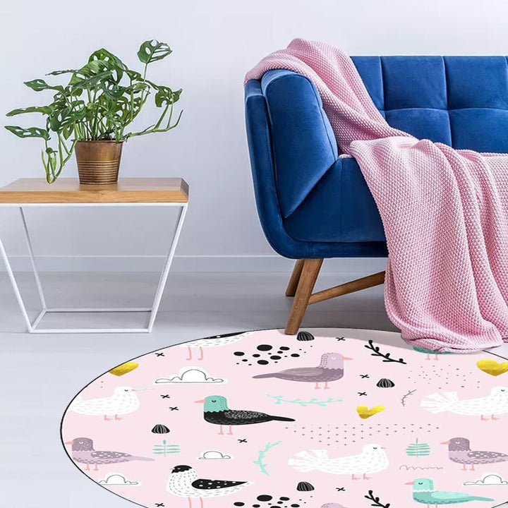 Lisslune | Kids Bedroom Rug in Pink Animal Bird Leaf Pattern Rug Polyester Washable Non-Slip Rug