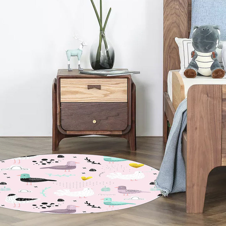 Lisslune | Kids Bedroom Rug in Pink Animal Bird Leaf Pattern Rug Polyester Washable Non-Slip Rug