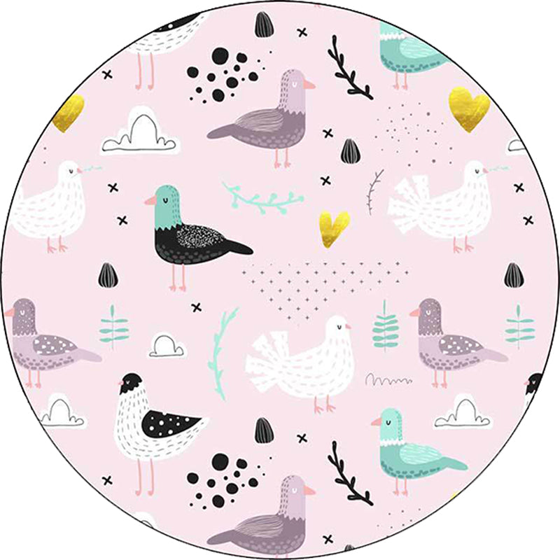 Lisslune | Kids Bedroom Rug in Pink Animal Bird Leaf Pattern Rug Polyester Washable Non-Slip Rug