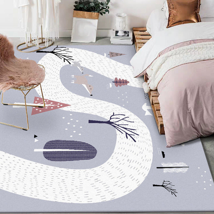 Lisslune | Children's Room Rug in Gray Cars & Roads Fox Tree Print Rug Polyester Stain-Resistant Area Rug