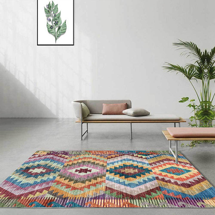 Lisslune | Yellow Multicolored Tribal Carpet Polyester Geometric Pattern Rug Washable Non-Slip Rug for Living Room