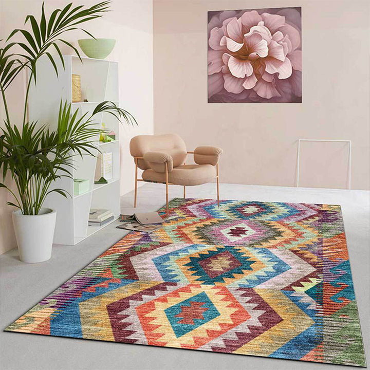 Lisslune | Yellow Multicolored Tribal Carpet Polyester Geometric Pattern Rug Washable Non-Slip Rug for Living Room