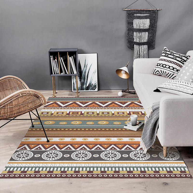 Lisslune | Brown Tribal Rug Polyester Geometric and Striped Pattern Rug Washable Non-Slip Back Rug for Living Room