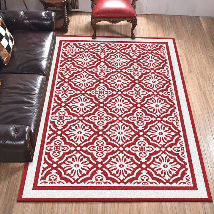 Lisslune | Red Persian Carpet Polyester Floral Pattern Carpet Washable Non-Slip Backing Carpet for Living Room