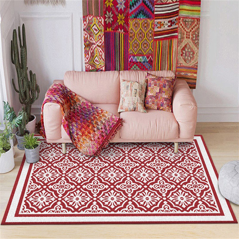 Lisslune | Red Persian Carpet Polyester Floral Pattern Carpet Washable Non-Slip Backing Carpet for Living Room
